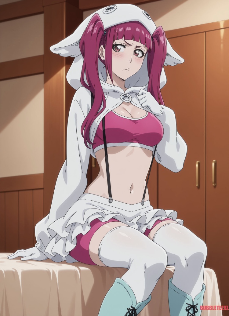 1girls ai_generated belly belly_button bleach bleach:_the_thousand-year_blood_war blush boots bra breasts brown_eyes cleavage dokugamine_riruka female looking_at_viewer pink_hair skirt thighhighs twintails white_gloves