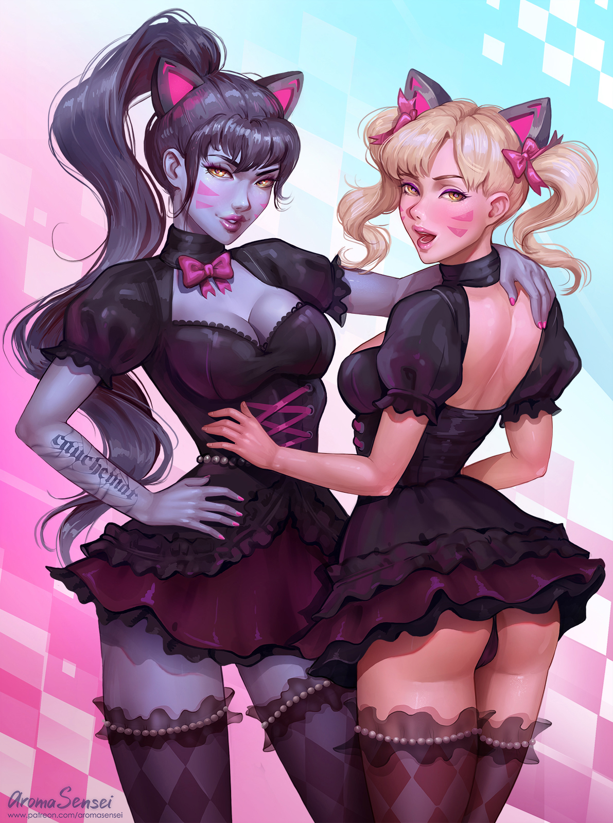 2girls, alternate costume, aroma sensei, asian, ass, black cat d.va, breasts, cleavage, d.va, d.va (cosplay), female, female only, looking at viewer, overwatch, overwatch 2, panties, skirt, thighhighs, upskirt, whisker markings, widowmaker