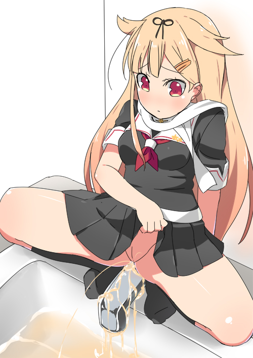 1girls arm_support black_legwear black_ribbon black_serafuku black_shirt black_skirt blonde_hair blush breasts cleft_of_venus eyebrows_visible_through_hair faucet female female_only from_above hair_ornament hair_ribbon hairclip hand_up indoors kantai_collection kneehighs leaning_back lifted_by_self long_hair medium_breasts minamimachi_naname neckerchief no_panties no_shoes peeing peeing_in_sink pleated_skirt pussy red_eyes red_neckwear ribbon school_uniform serafuku shiny_skin shirt short_sleeves sink skirt skirt_lift socks solo spread_legs squatting tap uncensored uniform yuudachi_(kantai_collection)