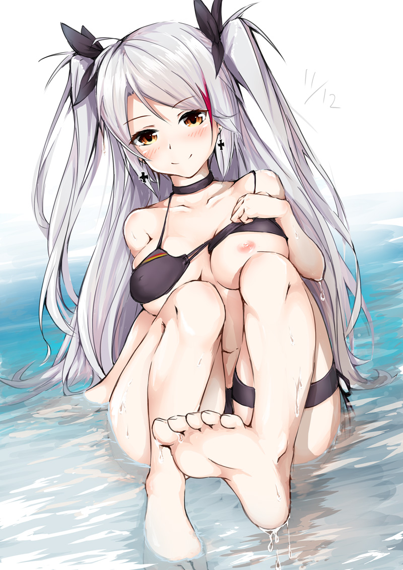 1girls, ahoge, azur lane, bangs, barefoot, bikini, bikini lift, black bikini, black choker, black ribbon, blush, breasts, choker, closed mouth, collarbone, earrings, eyebrows visible through hair, female, flag print, full body, german flag, hair ribbon, highlights, iron cross, jewelry, large breasts, lifted by self, long hair, looking at viewer, multicolored hair, nakareki, navel, nipples, one breast out, prinz eugen (azur lane), ribbon, side-tie bikini, silver hair, sitting, smile, soles, solo, streaked hair, swept bangs, swimsuit, thigh strap, two side up, very long hair, water, wet, yellow eyes