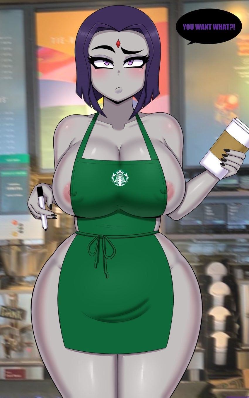 annoyed_expression big_ass big_breasts big_nipples big_tits_squeezed_together black_nails gray_skin green_apron purple_eyes purple_hair red_gem_on_forehead short_hair starbucks_uniform tight_clothes