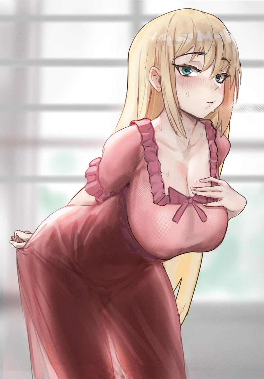 1girls, blonde hair, blue eyes, blush, cinndvl, cleavage, darkness (konosuba), female, kono subarashii sekai ni shukufuku wo!, light skin, light-skinned female, long hair, looking at viewer, nightgown, sweat