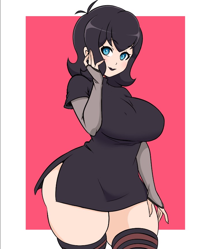 big breasts, big thighs, big titties, black hair, blue eyes, breasts, clothing, curvaceous, curvaceous female, curvaceous figure, curvy, curvy figure, female, female focus, female only, hotel transylvania, looking at viewer, mavis dracula, momocka art, no sex, rubber, short hair, solo, thigh highs