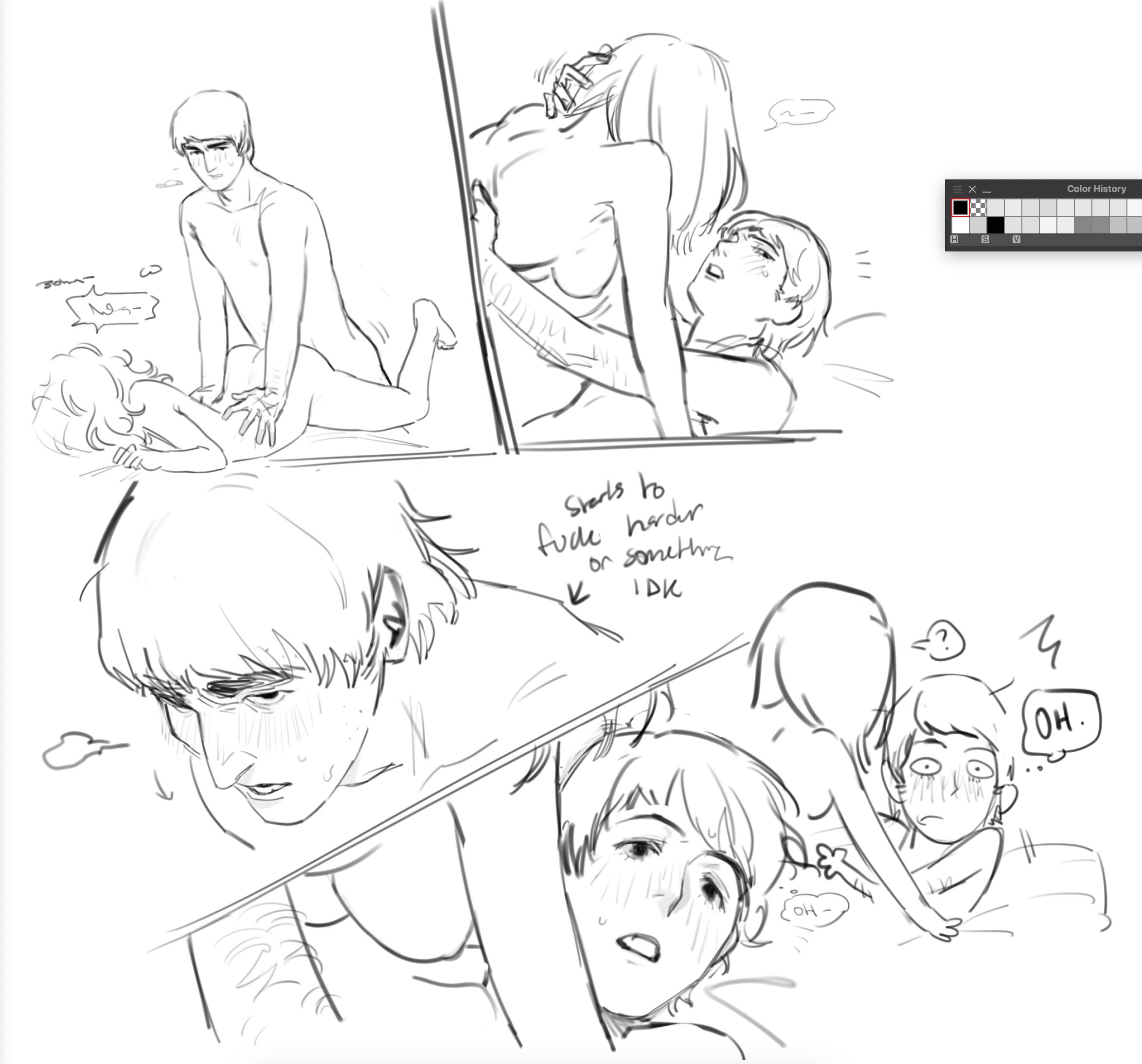2boys, 2boys2girls, 2girls, 4koma, john lennon, line art, mazapaneze, musician, no visible genitalia, nude, paul mccartney, real person, sketch, the beatles