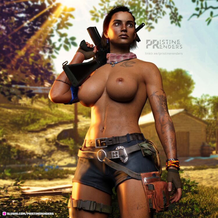 assault_rifle breasts casual_topless dani_rojas dani_rojas_(female) far_cry far_cry_6 no_shirt pristinerenders rifle shorts tits_out topless topless_female