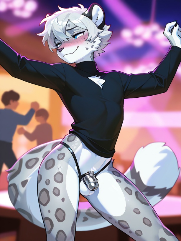 ai_generated black_shirt blue_eyes blurred_background chastity_cage club dancer dancing embarrassed femboy furry long_sleeves male male_only no_pants oc self_upload silver_hair small_penis snow_leopard stripclub submissive_male working