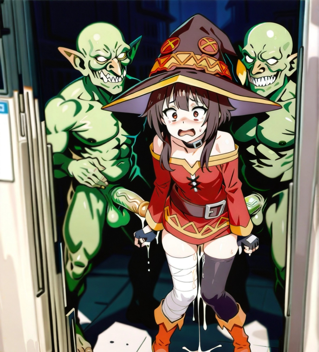 after rape, after sex, ai generated, brown hair, crying, cum drip, dick, female, goblins, hat, humiliated, kono subarashii sekai ni shukufuku wo!, konosuba, male, megumin, monster, monster cock, multiple boys, multiple males, multiple penises, penis, public, scared