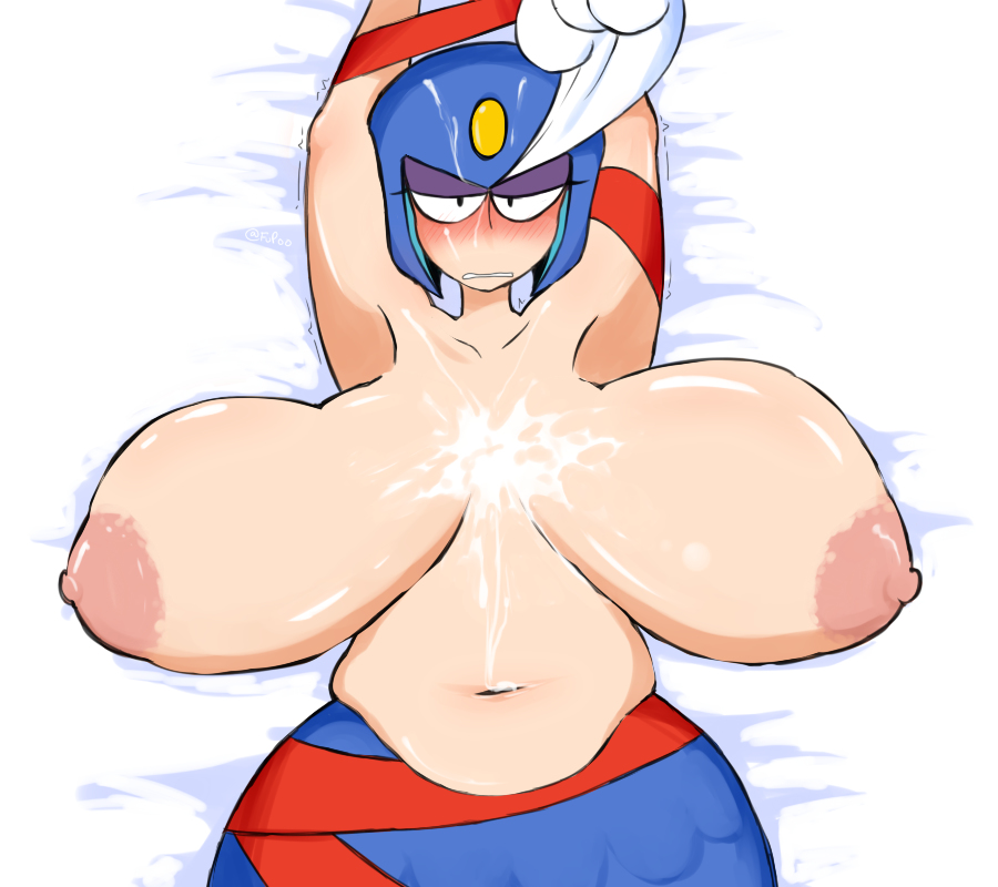 1girls 2018 after_sex areolae armpits bed belly blush breasts breasts_apart capcom clothed collarbone cum cum_on_breasts cum_on_chest cum_on_face cum_on_female_chest female female_only fupoo helmet huge_breasts hyper_breasts large_breasts lying makeup mega_man mega_man(classic) mermaid navel nipples partially_clothed red_ribbon ribbon robot robot_girl sagging_breasts shiny_skin solo solo_focus splash_woman teeth topless upper_body