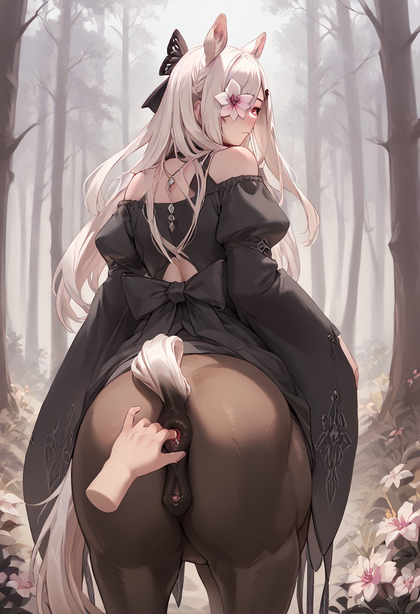 ai_generated anal_fingering anus bare_shoulders black_dress centauress drag-on_dragoon_3 drakengard_3 female female_focus fingering flower flower_in_eye forest horse_anus horse_ears horse_pussy nier nier_reincarnation on_back pale-skinned_female pussy white_hair zero_(drag-on_dragoon) zero_(drakengard)