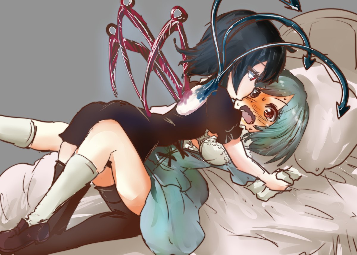 2girls aqua_dress aqua_hair arched_back asymmetrical_wings bed black_dress black_footwear black_hair blush breasts clothing downscaled dress female heterochromia imminent_kiss kogasa_tatara lying md5_mismatch multiple_girls nue_houjuu on_back open_mouth pillow resized restrained shoes sweat tears thighhighs touhou wavy_mouth wide_eyed wings wrist_grab yuri zettai_ryouiki