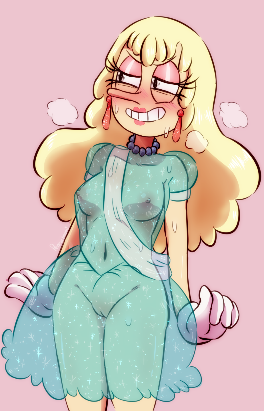 blonde_female blonde_hair blush breasts cuphead_(game) female handwear navel neckwear nipples pale_skin peonymami pussy sally_stageplay see-through smile solo sweat video_games