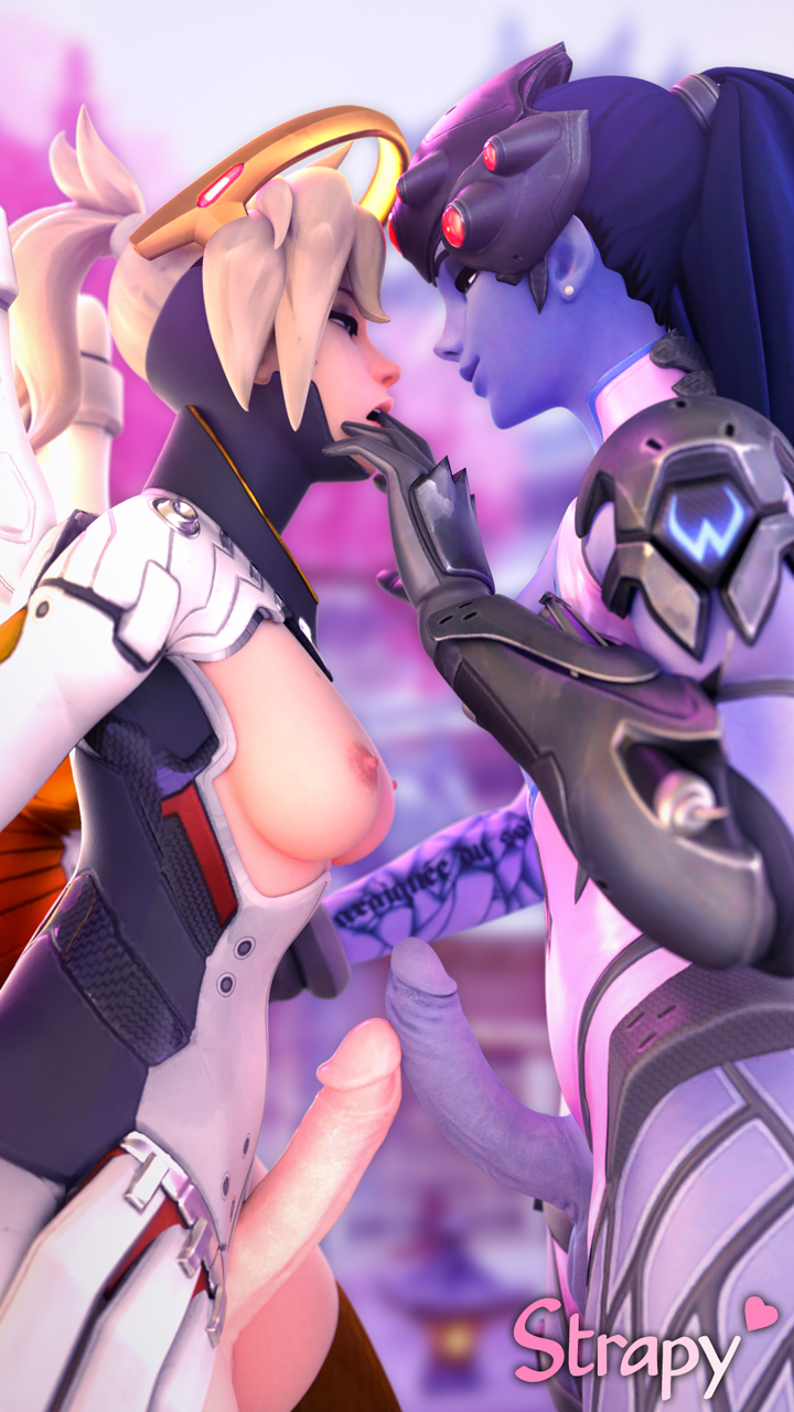2futas, 3d, areolae, balls, blender, blonde hair, blue skin, breasts, dickgirl, erection, frottage, futa on futa, futa only, futanari, intersex, mercy, nipples, overwatch, penis, penis size comparison, penis size difference, purple hair, strapy, widowmaker