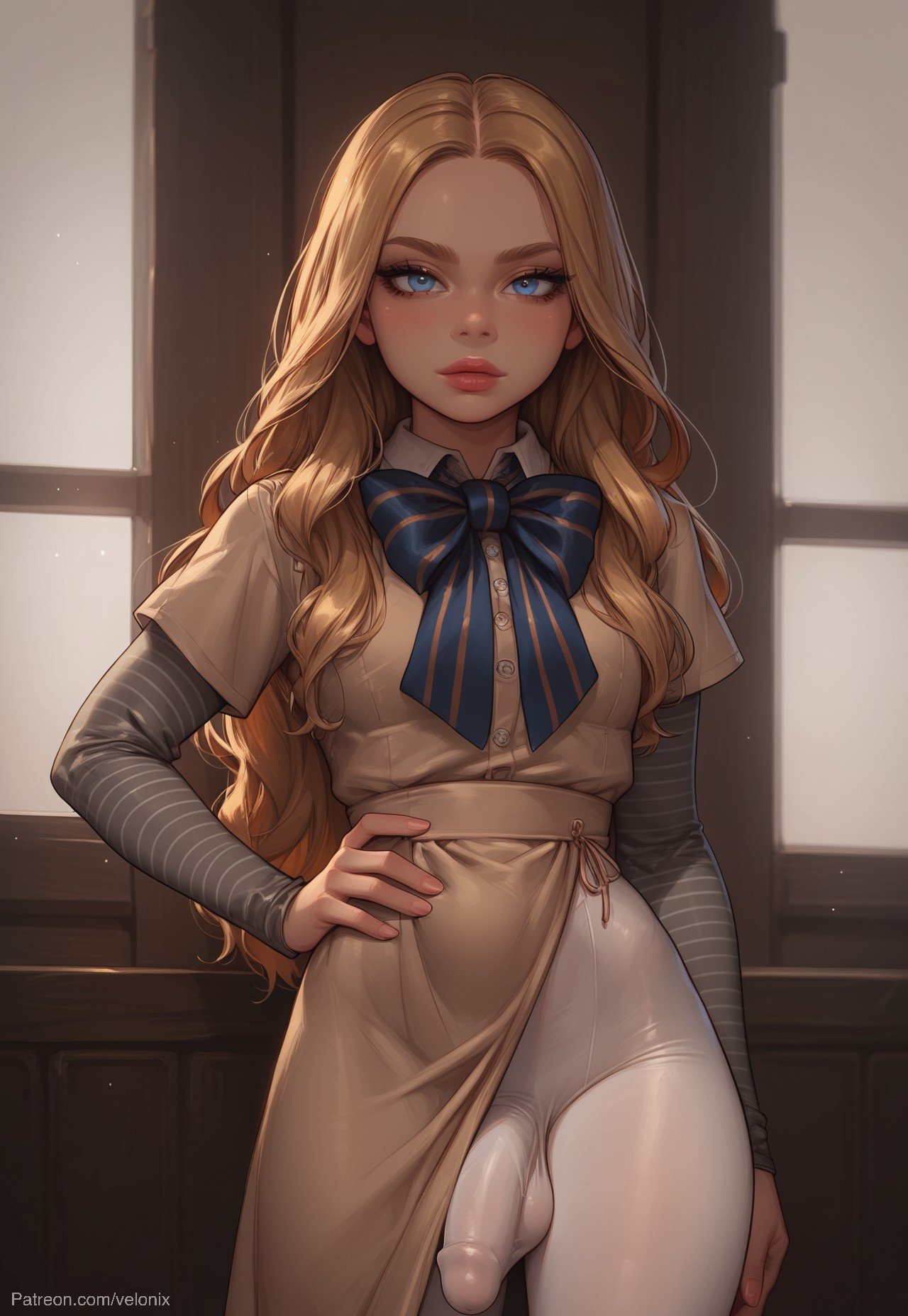 1futa, aged up, ai generated, ass, ass bigger than breasts, ass bigger than head, ass bigger than skirt, ass bigger than torso, balls, big ass, big breasts, big butt, big forehead, big hips, big penis, blonde hair, blue eyes, blush, bowtie, breasts, bubble ass, bubble butt, cleavage, crossed arms, dick, dickgirl, eyebrows, eyelashes, female, futa only, futanari, grin, grinning, grinning at viewer, hair, hands-free, huge cock, indoors, intersex, juicy butt, juicy lips, lips, long hair, looking at viewer, m3gan, m3gan (film), m3gan 2.0, makeup, narrow waist, narrowed eyes, nose, penis, seducing, seductive, seductive eyes, seductive gaze, seductive look, seductive mouth, seductive pose, seductive smile, small skirt, smile, smile at viewer, smiley face, smooth balls, smooth penis, smooth skin, solo, solo dickgirl, solo focus, solo futa, tan dress, testicles, thick ass, thick eyebrows, thick thighs, tight clothes, tight clothing, tight fit, tight skirt, velonix, white background, white pantyhose