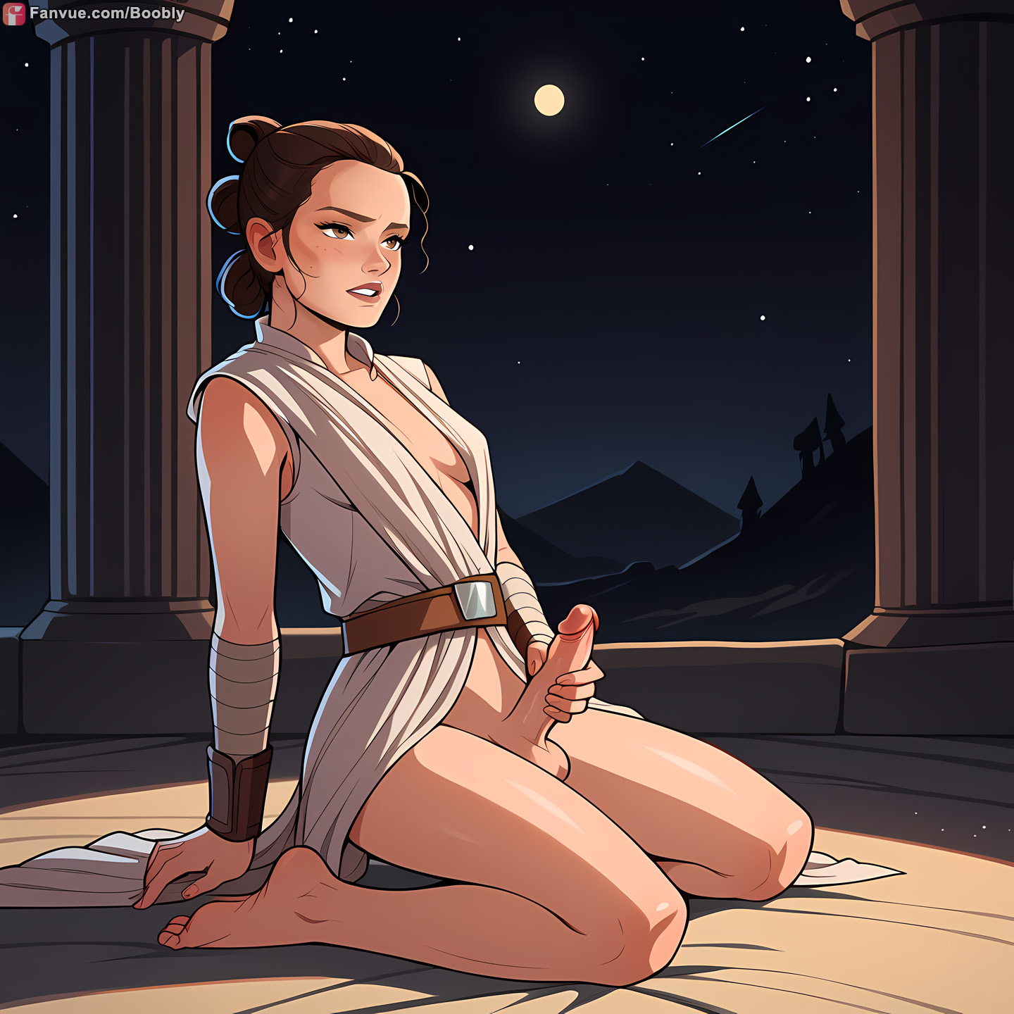 ai generated, boobly, boots, futanari, intersex, kneeling, masturbation, night, rey, robe, solo futa, star wars
