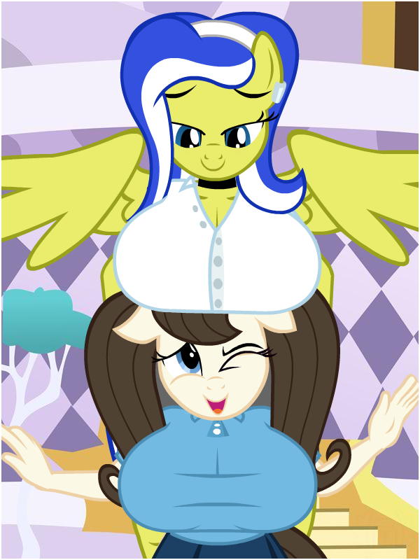 anthro big_breasts boobhat breasts button-up_shirt choker dizzy_strings_(oc) duo ear_piercing earth_pony female flashequestria height_difference huge_breasts lemon_frost_(oc) milf my_little_pony oc oc_only open_mouth patreon patreon_reward pegasus piercing polo_shirt show_accurate show_accurate_anthro source_needed twintails wings