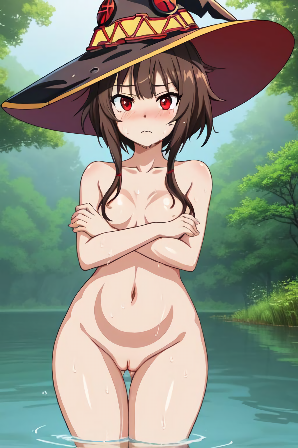 1girls ai_generated brown_hair caught_naked forest kono_subarashii_sekai_ni_shukufuku_wo! lake looking_at_viewer megumin naked naked_female nude nude_female pout pussy red_eyes thick_thighs wet wet_body wide_hips