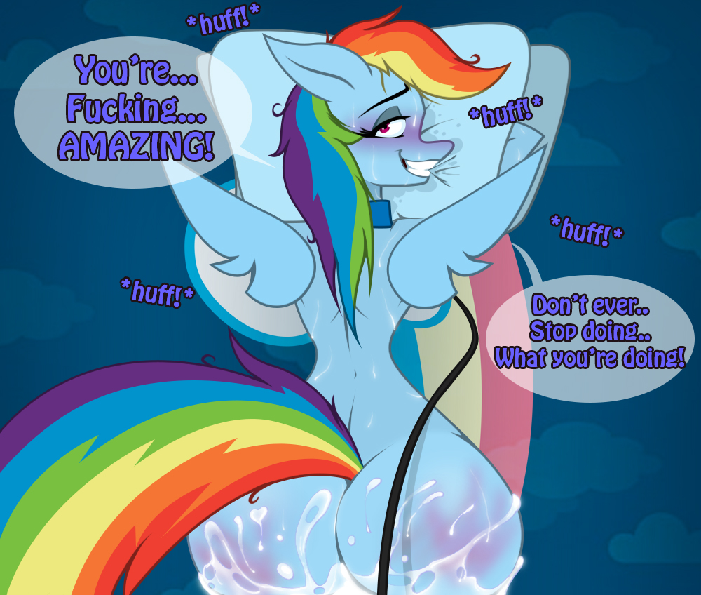 2018 anthro anthrofied bed biting_pillow collar cum dialogue english_text equine female first_person_view friendship_is_magic hair jrvanesbroek leash looking_at_viewer looking_back mammal multicolored_hair my_little_pony panting pegasus pillow profanity rainbow_dash_(mlp) rainbow_hair straight_hair sweat text wings