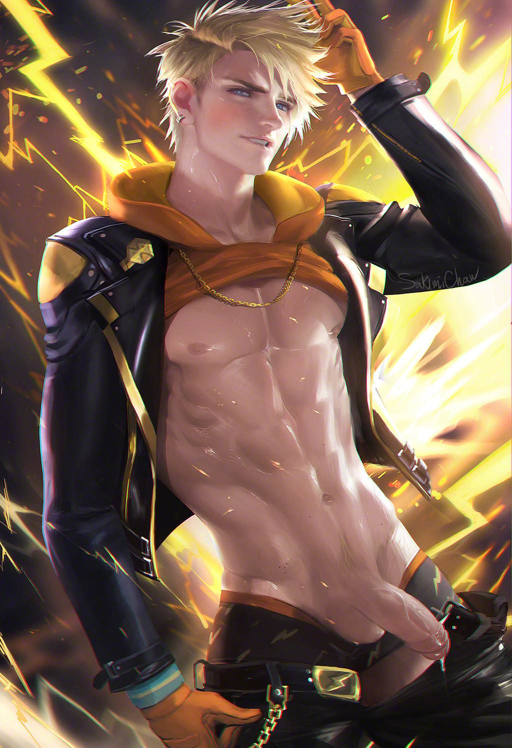 1boy abs bara belly belt blonde_hair blue_eyes blush briefs clothed cum earring electricity freckles gloves hoodie jacket leather leather_jacket looking_at_viewer male male_only navel necklace nintendo nipples pants_down pecs penis pokemon pokemon_go precum pubic_hair retracted_foreskin sakimichan shirt_lift short_hair solo solo_male spark_(pokemon) uncensored undercut underwear underwear_down veins veiny_penis wallet_chain