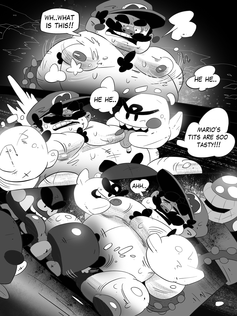 2018 ahe_gao amphibian boo_(mario) bulge closed_eyes clothed clothing comic english_text flora_fauna forced galgard goomba grope group hat human licking looking_pleasured male male_only mammal mario_(series) moan monochrome nintendo nipple_lick nipples oral piranha_plant plant rape sitting speech_bubble super_mario_bros._3 text thong toad_(mario) tongue tongue_out topless video_games