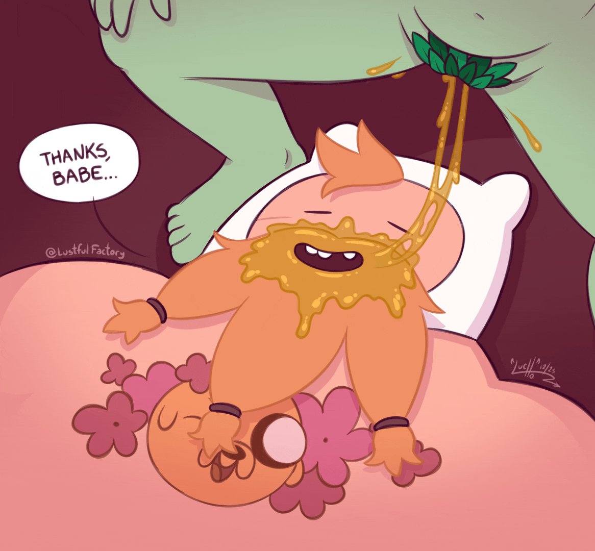1boy, 1girls, adventure time, after cunnilingus, after vaginal, dripping pussy, female, finn the human, hairy pussy, huntress wizard, maple syrup, plant humanoid, pussy, pussy juice, tattoo