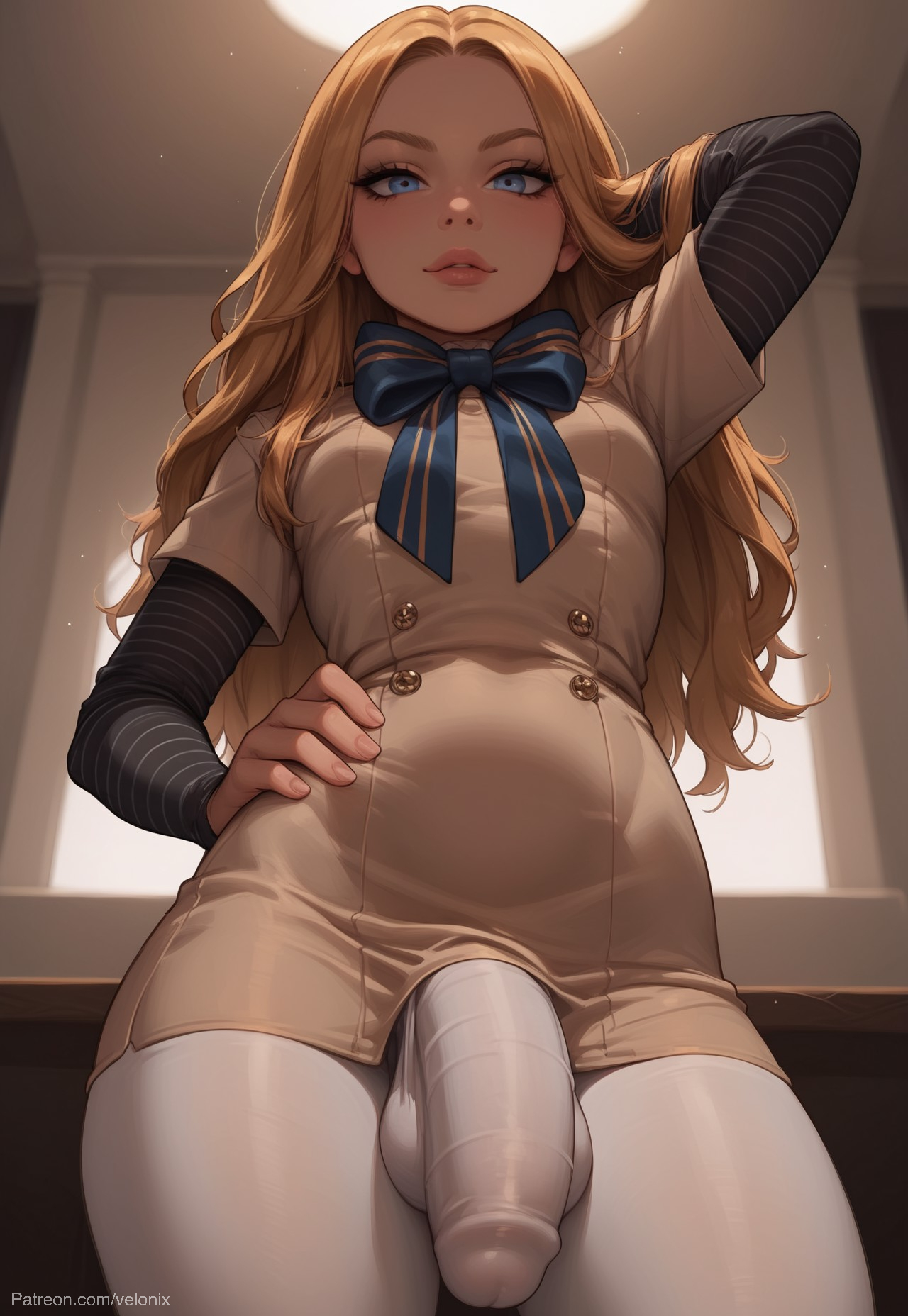 1futa, aged up, ai generated, ass, ass bigger than breasts, ass bigger than head, ass bigger than skirt, ass bigger than torso, balls, big ass, big breasts, big butt, big forehead, big hips, big penis, blonde hair, blue eyes, blush, bowtie, breasts, bubble ass, bubble butt, cleavage, crossed arms, dick, dickgirl, eyebrows, eyelashes, female, futa only, futanari, grin, grinning, grinning at viewer, hair, hands-free, huge cock, indoors, intersex, juicy butt, juicy lips, lips, long hair, looking at viewer, m3gan, m3gan (film), m3gan 2.0, makeup, narrow waist, narrowed eyes, nose, penis, seducing, seductive, seductive eyes, seductive gaze, seductive look, seductive mouth, seductive pose, seductive smile, small skirt, smile, smile at viewer, smiley face, smooth balls, smooth penis, smooth skin, solo, solo dickgirl, solo focus, solo futa, tan dress, testicles, thick ass, thick eyebrows, thick thighs, tight clothes, tight clothing, tight fit, tight skirt, velonix, white background, white pantyhose
