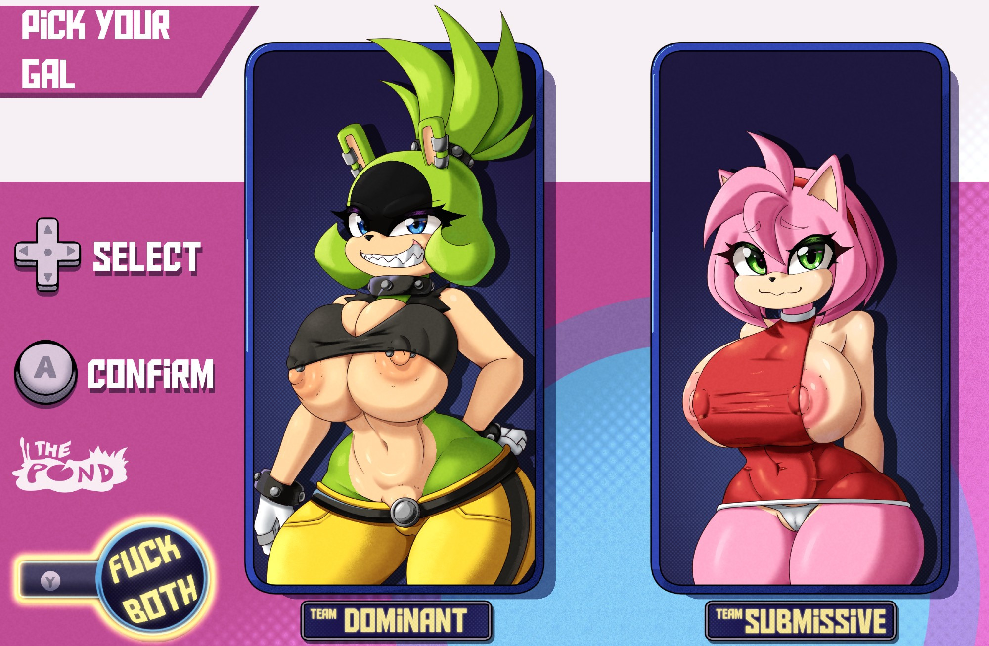 2girls, amy rose, anthro, big breasts, blue eyes, breasts, color, detailed background, female, female focus, female only, furry, game menu, game ui, green body, green eyes, hedgehog, mister axolotl, mobian (species), pink body, sonic (series), sonic heroes, sonic the hedgehog (comics), sonic the hedgehog (idw), sonic the hedgehog (series), surge the tenrec, tenrec, wardrobe malfunction, wide hips