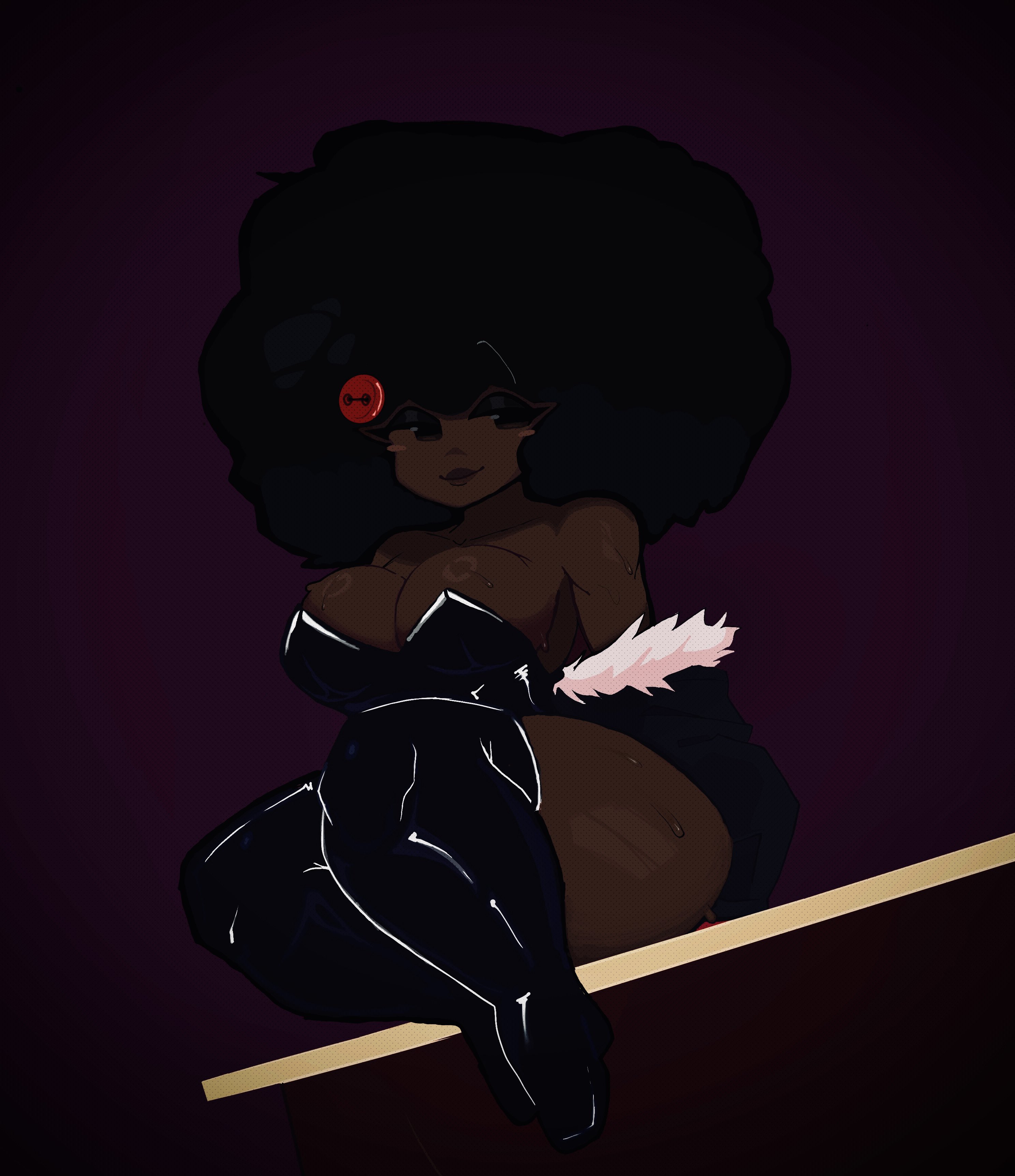 big breasts, black body, black hair, black ribbon, bondage outfit, breasts, carla (diivox), dark skin, dark-skinned female, diivox, elbow gloves, female, female focus, female only, female pubic hair, fingers, fluffy hair, friday night funkin, hairy pussy, looking at viewer, pose, pussy, sitting