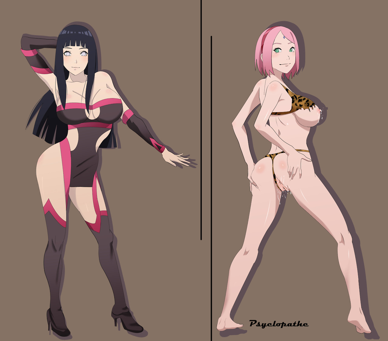 2girls, bikini, breasts, female, female only, hyuuga hinata, multiple females, multiple girls, naruto, naruto (series), naruto: the last, nipples, psyclopathe, pussy, pussy juice, sakura haruno