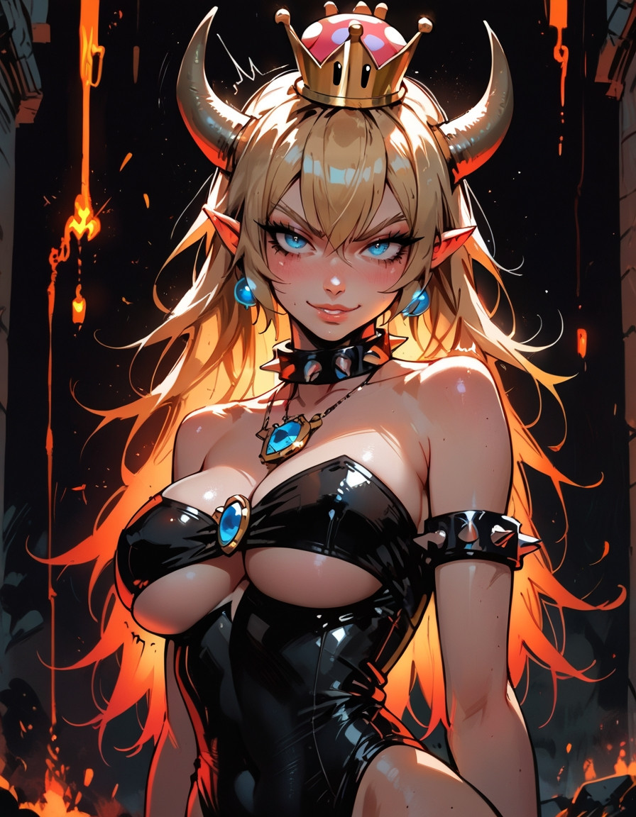 ai_generated black_leotard blonde_hair blue_eyes blue_jewelry bowsette choker earrings elf_ears horns lava leotard manofmidas mario_(series) spiked_collar underboob