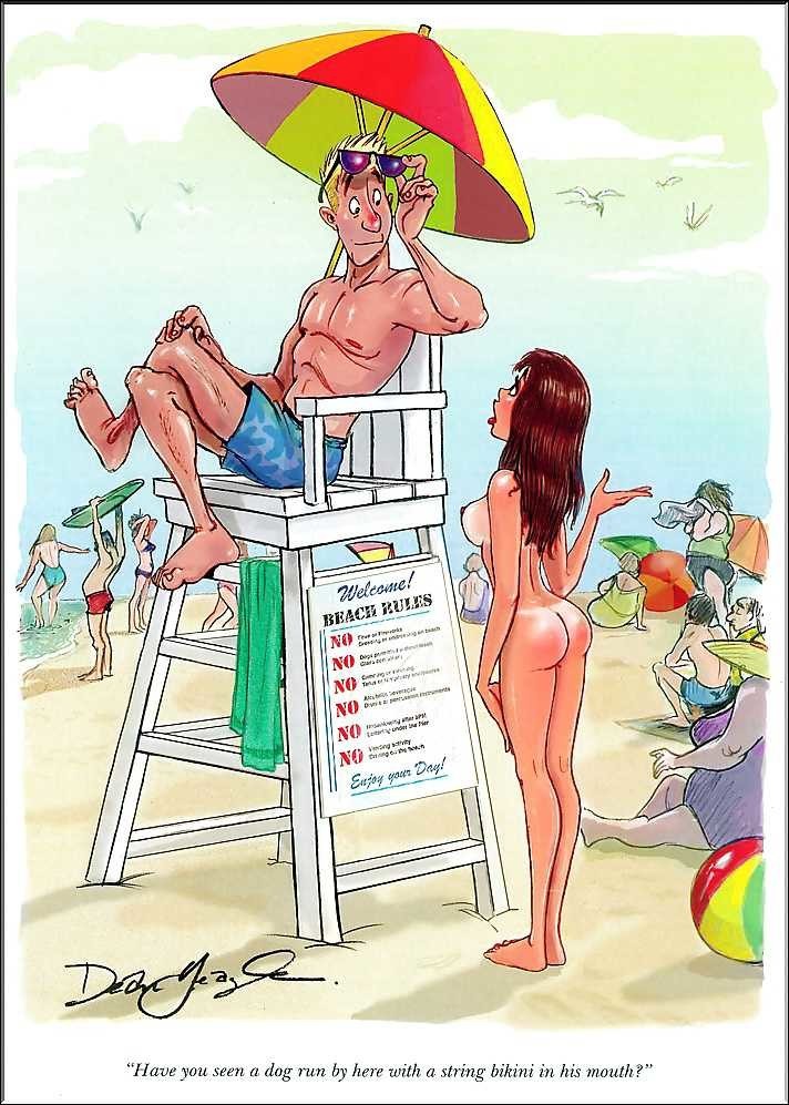 2d 2d_artwork ass beach beach_ball brown_female brown_hair comic_panel dean_yeagle english_text lifeguard long_hair nude nude_female sun sunglasses tanned tanned_skin