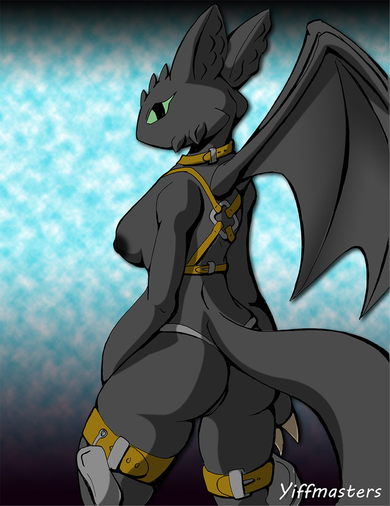 2018 anthro anthrofied barely_visible_genitalia big_butt black_nipples black_scales breasts dragon female green_eyes how_to_train_your_dragon looking_back membranous_wings night_fury nipples rear_view rule_63 scales solo subtle_pussy thick_thighs toothless wings yiffmasters