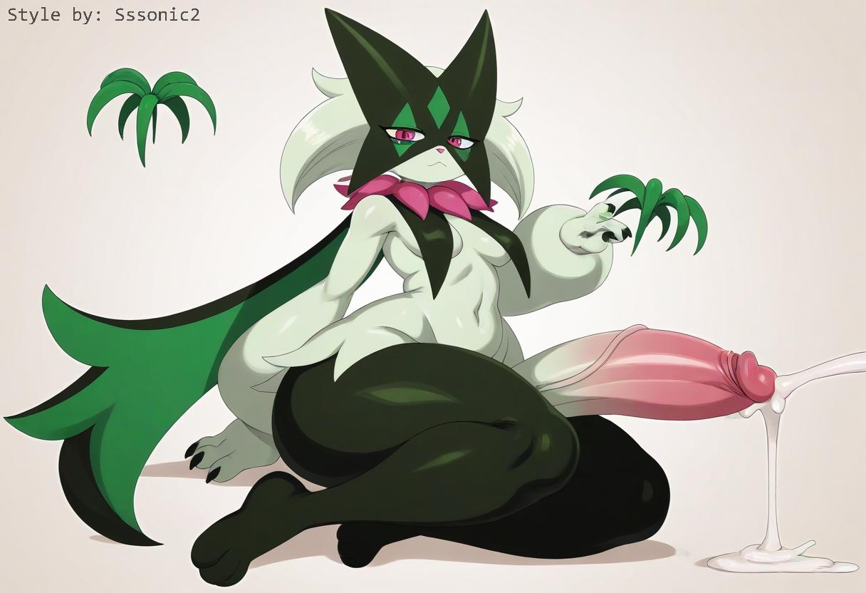 absurd_res ai_generated anthro balls big_balls big_penis bodily_fluids breasts claws cum cumshot ejaculation erection fur generation_9_pokemon genital_fluids genitals green_body hellsonger hi_res huge_balls huge_cock humanoid_genitalia humanoid_penis hyper hyper_genitalia hyper_penis looking_at_viewer male mammal meowscarada nintendo penis pink_eyes plant pokemon pokemon_(species) pokemorph simple_background sitting solo thick_thighs wide_hips