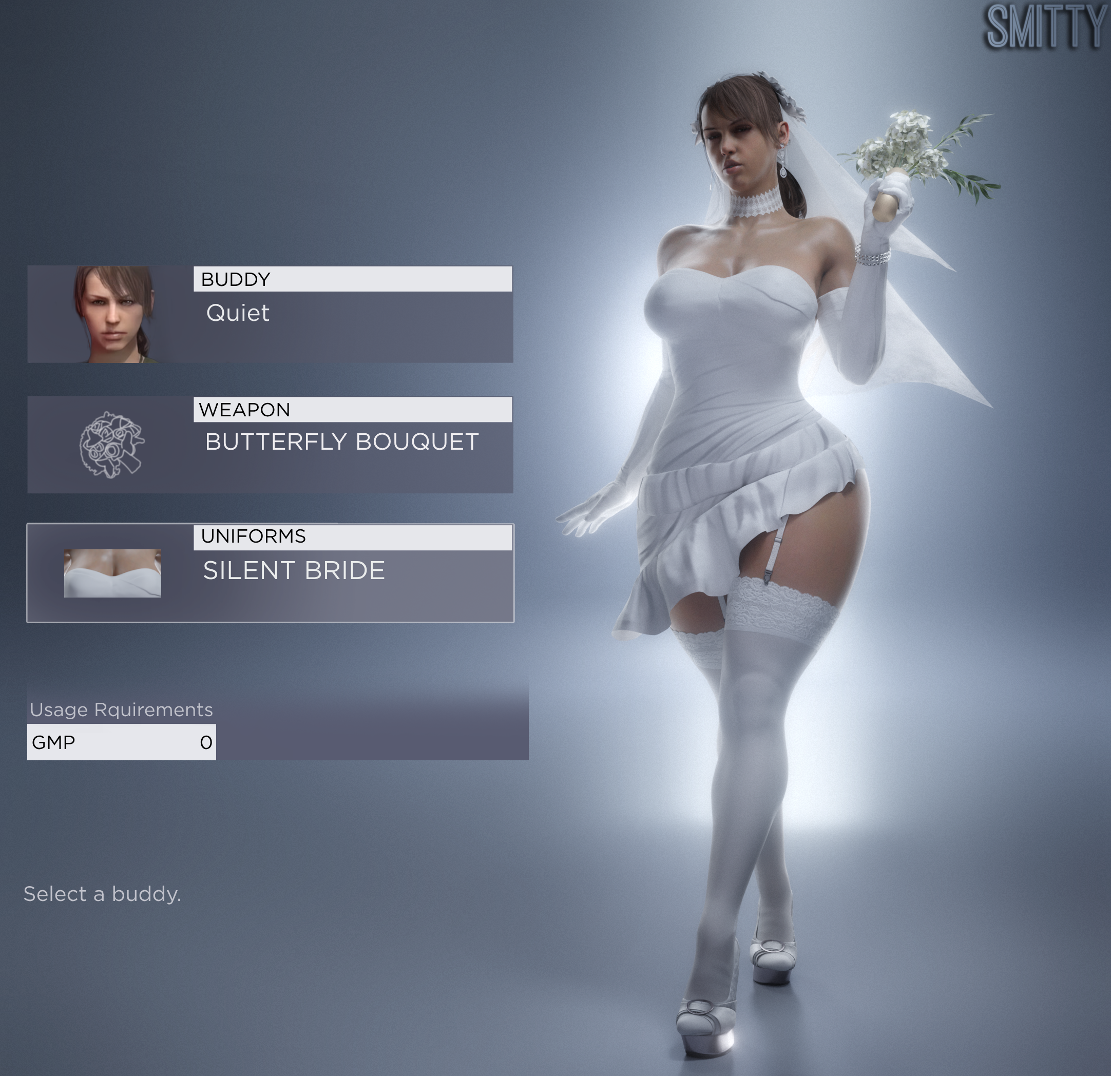 3d, arm length gloves, big breasts, blender (software), bracelet, breasts, bride, brown hair, choker, clothed, clothed female, clothing, ear piercing, earrings, female, garter straps, gloves, hips, holding bouquet, holding flowers, holding object, human, human female, jewelry, large breasts, light skin, light-skinned female, lingerie, long hair, looking at viewer, metal gear solid, metal gear solid v, quiet (metal gear), shoes, smitty34, solo, solo female, standing, stockings, thick thighs, thighs, voluptuous, voluptuous female, wedding dress, wedding veil, white choker, white clothing, white garter straps, white gloves, white shoes, white stockings, wide hips