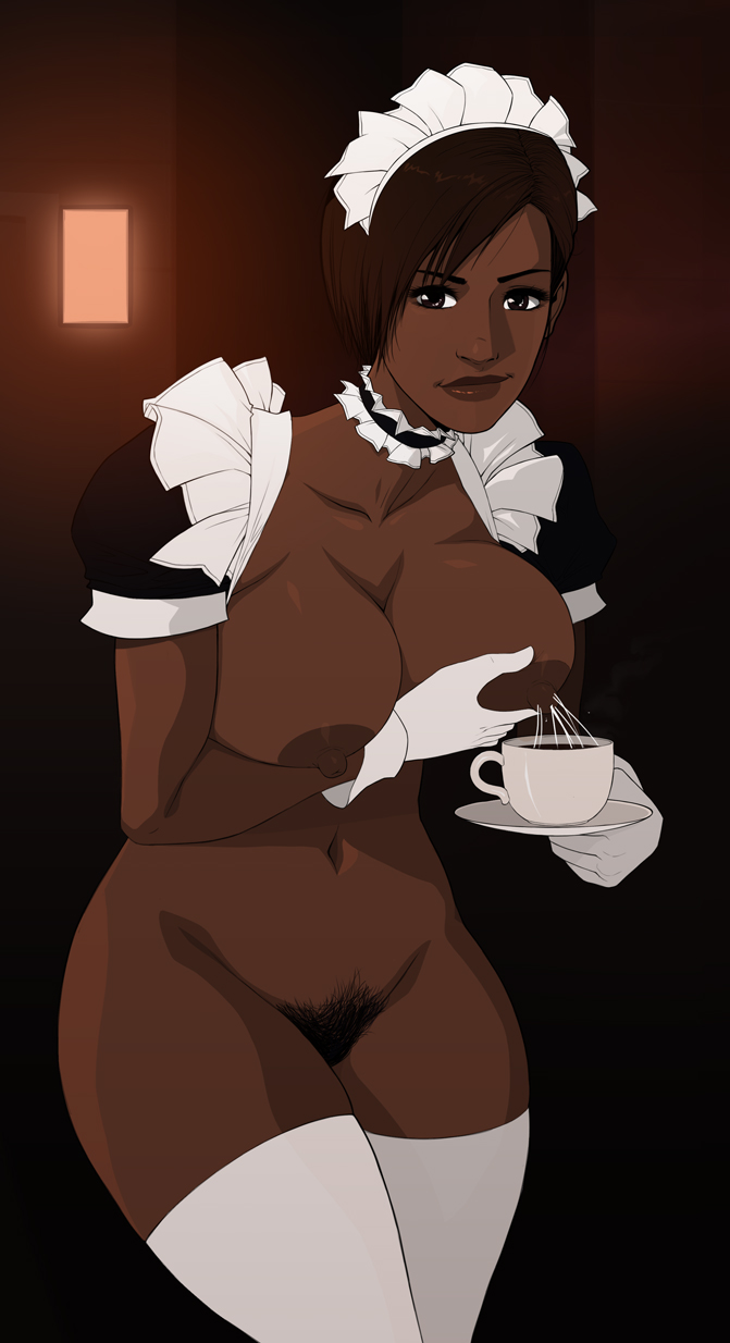 1girls, areolae, big areola, big breasts, big nipples, bottomless, breast grab, breast hold, breast squeeze, breasts, brown eyes, brown hair, brown skin, bush, choker, cleavage, collar, collarbone, dark nipples, dark skin, dark-skinned female, dead or alive, female, female only, female pubic hair, functionally nude, gloves, hair over one eye, hairy pussy, hips, lactation, large areolae, large breasts, lips, lisa hamilton, looking at viewer, maid, maid headdress, maid uniform, milk, msperoni, navel, nipples, no bra, no panties, nude, perky breasts, pubic hair, pubic hair peek, pussy, short hair, skimpy, smile, smirk, solo, standing, straight hair, thick thighs, thighhighs, thighs, triplexmile, uncensored, white gloves, white legwear, wide hips