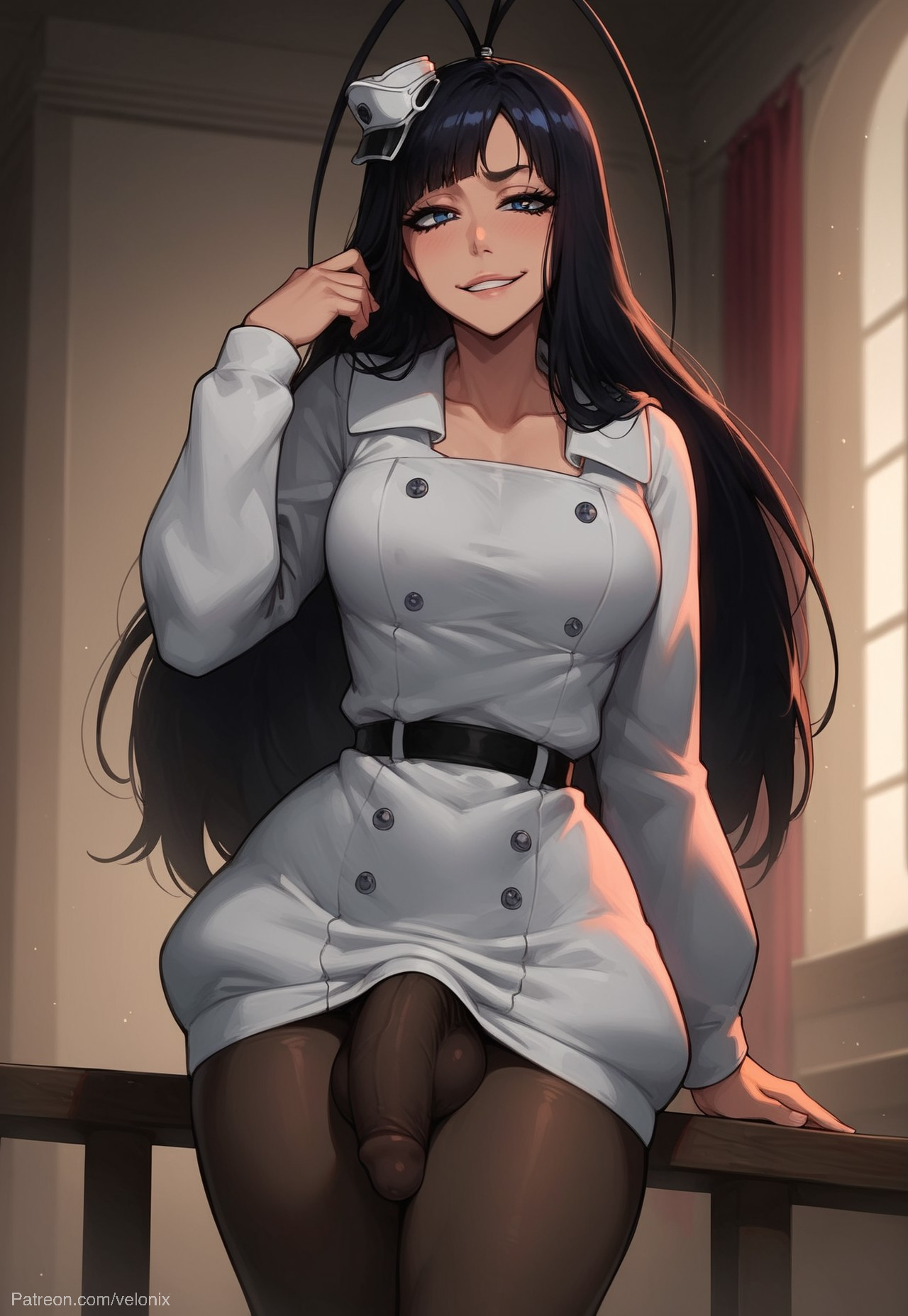 1futa, ahoge, ai generated, ass, balls, big ass, big breasts, big butt, big hips, big penis, black eyes, black hair, bleach, bleach: the thousand-year blood war, blue eyes, blue hair, breasts, bulge, bulge through clothing, cleavage, clothed, clothing, dick, dickgirl, dress, eyebrows, eyelashes, futa only, futanari, giselle gewelle, grin, grinning, grinning at viewer, hair, hands-free, hat, huge cock, indoors, intersex, lips, long hair, looking at viewer, makeup, narrow waist, narrowed eyes, nose, penis, seducing, seductive, seductive eyes, seductive gaze, seductive look, seductive mouth, seductive pose, seductive smile, small hat, smile, smile at viewer, smiley face, smooth balls, smooth penis, smooth skin, solo, solo dickgirl, solo focus, solo futa, stockings, testicles, velonix, white dress