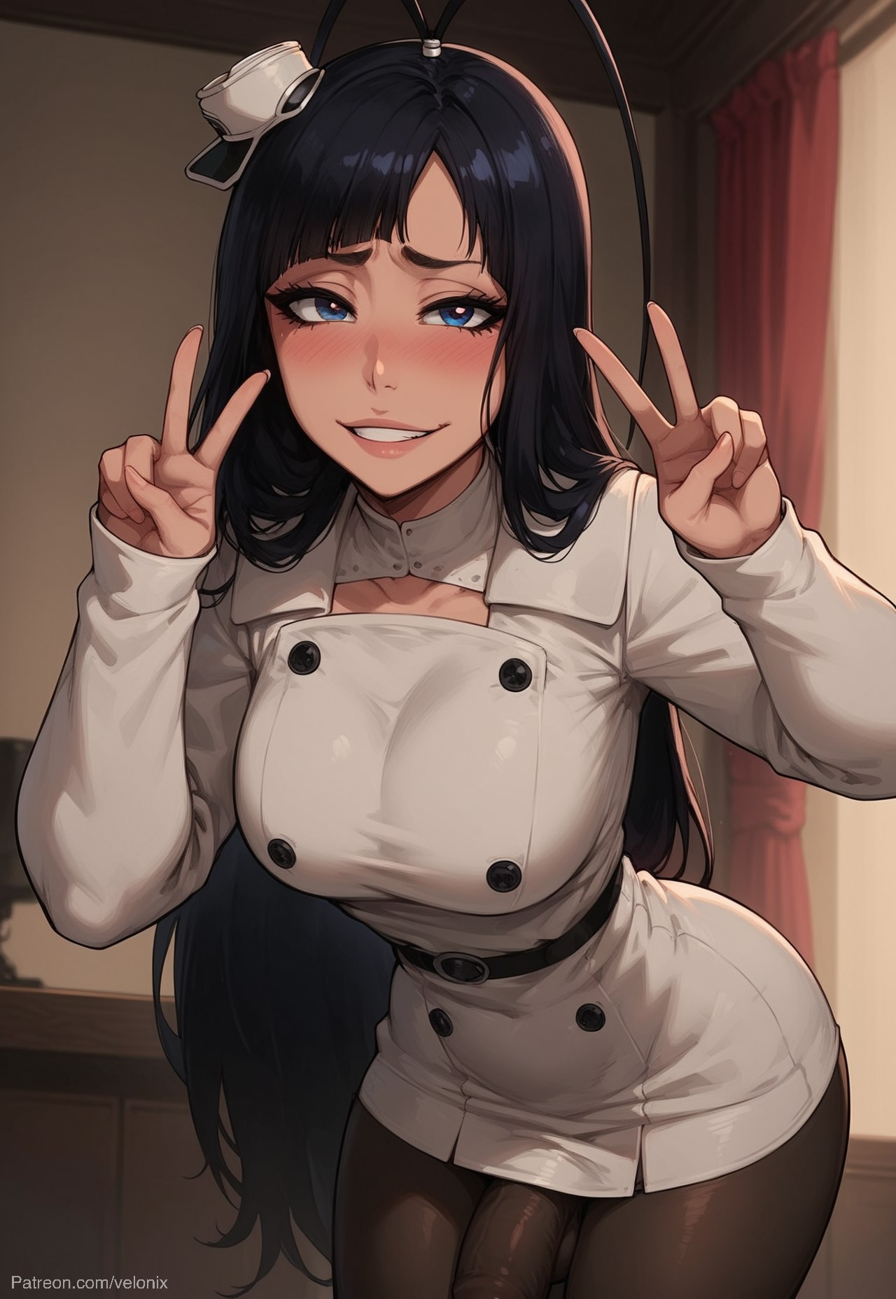 1futa, ahoge, ai generated, ass, balls, big ass, big breasts, big butt, big hips, big penis, black eyes, black hair, bleach, bleach: the thousand-year blood war, blue eyes, blue hair, breasts, bulge, bulge through clothing, cleavage, clothed, clothing, dick, dickgirl, dress, eyebrows, eyelashes, futa only, futanari, giselle gewelle, grin, grinning, grinning at viewer, hair, hands-free, hat, huge cock, indoors, intersex, lips, long hair, looking at viewer, makeup, narrow waist, narrowed eyes, nose, penis, seducing, seductive, seductive eyes, seductive gaze, seductive look, seductive mouth, seductive pose, seductive smile, small hat, smile, smile at viewer, smiley face, smooth balls, smooth penis, smooth skin, solo, solo dickgirl, solo focus, solo futa, stockings, testicles, velonix, white dress