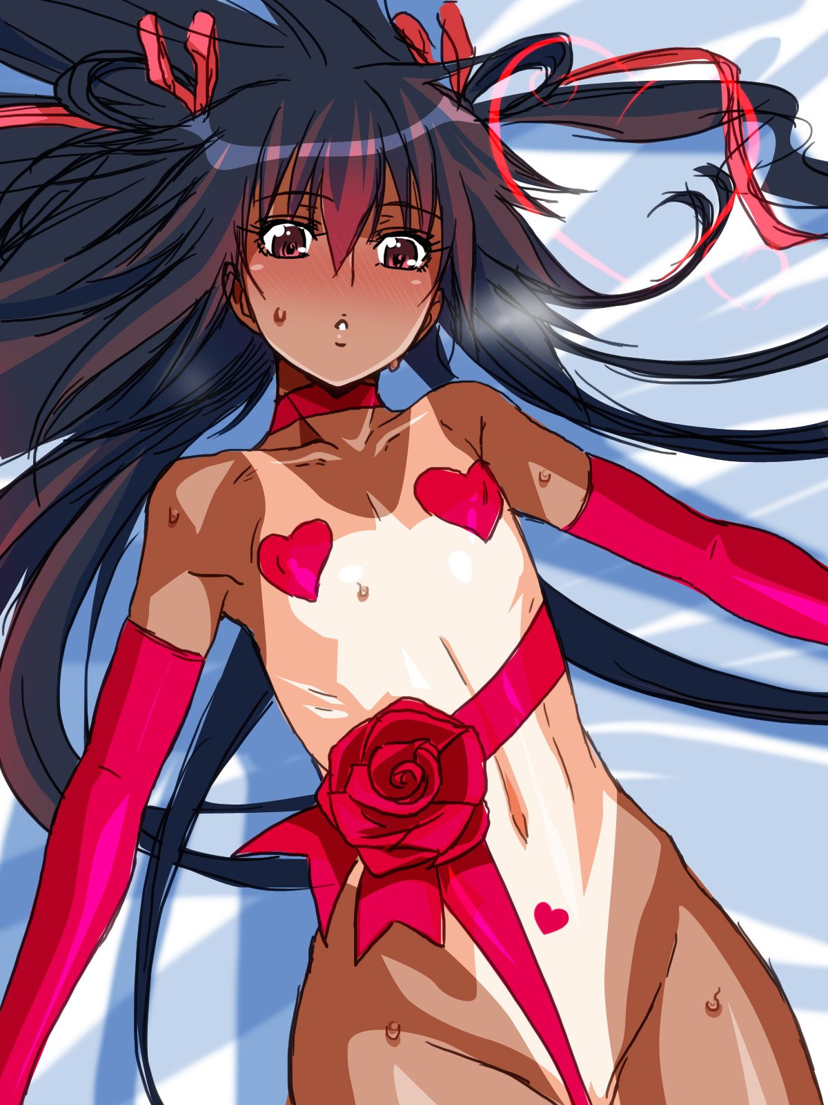 aoi_nagisa_(metalder) bed breasts brown_hair censored curvy embarrassed female female gloves hair_between_eyes hair_ribbon happy_valentine heart leotard lilith-soft long_hair looking_at_viewer lying mizuki_yukikaze naked_ribbon nipples nude official_art on_bed pink_eyes ribbon shiny shiny_hair shiny_skin small_breasts solo taimanin_(series) taimanin_yukikaze tan thighs twintails very_long_hair