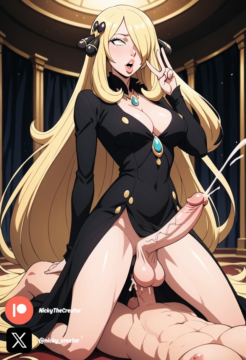 ahe_gao ahegao_face ai_generated big_breasts big_penis black_dress blonde_female blonde_hair cock colored cow_girl cum cumming cynthia_(pokemon) dick dress fluids futanari futanari/female grey_eyes light_skin peace_sign penis pokemon sexy sexy_body sexy_pose testicles