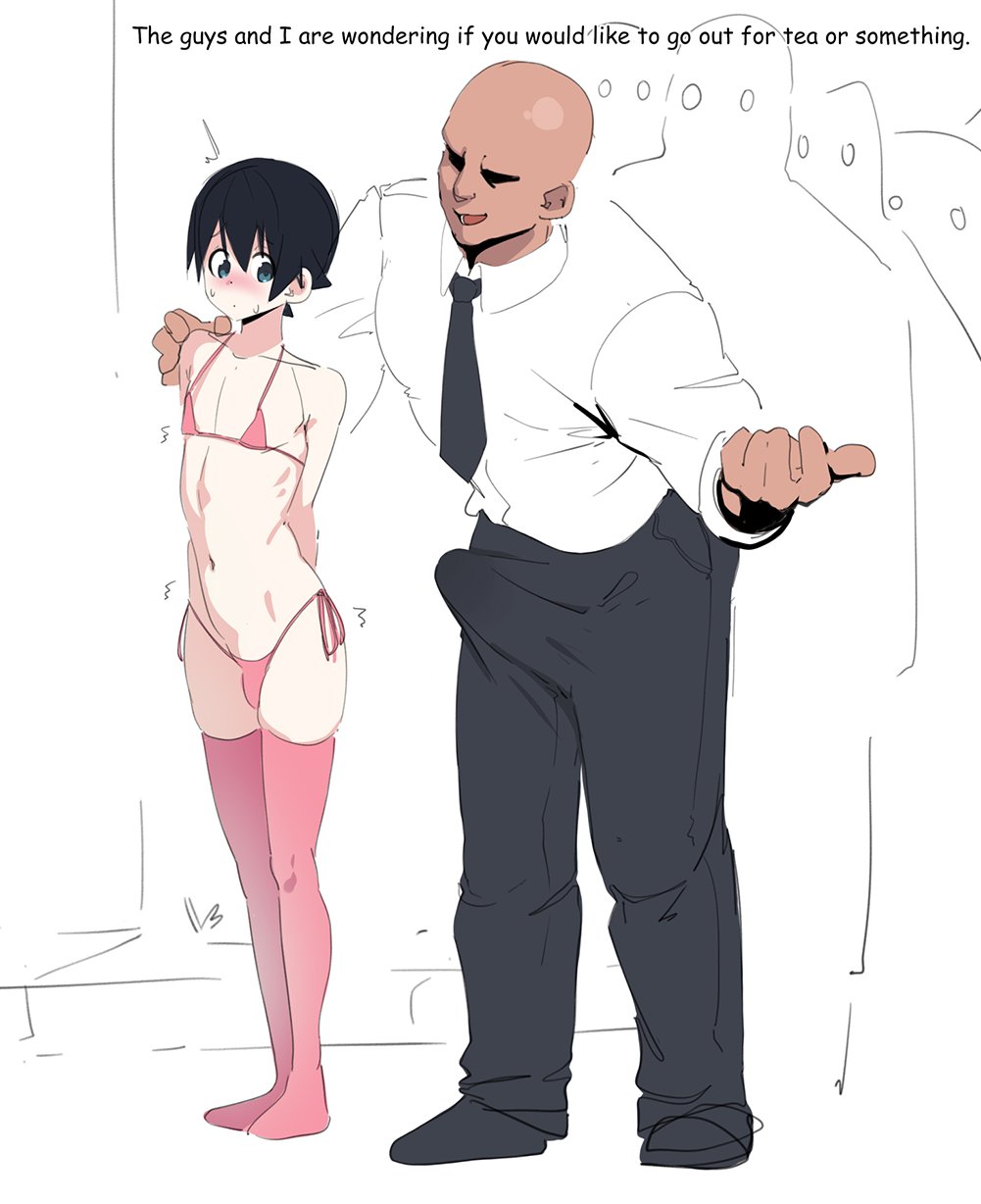 1boy 1femboy 2023 2d_(artwork) bald bald_male bald_man bare_shoulders bigppea black_hair black_hair_male black_necktie black_pants black_shoes blue_eyes blue_eyes_male blush blush blush_lines blushing_male bulge bulge_in_pants caucasian caucasian_male dialogue embarrassed embarrassed_male english english_dialogue english_text eyes femboy femboy_focus femboy_only feminine feminine_male gay gay_male hi_res imminent_gay_sex imminent_sex january_(month) legwear male necktie pale-skinned_male pale_skin pale_skinned_male panties panties_bulge pants pants_bulge pink_bikini pink_bikini_bottom pink_bikini_top pink_legwear pink_stockings shirt shoes short_hair short_hair_male skinny skinny_male stockings string_bikini string_panties strong_male strong_man sweat sweat_on_face tanned_male text turquoise_eyes twitter_link weak_male white_background white_collar white_collared_shirt white_male white_shirt