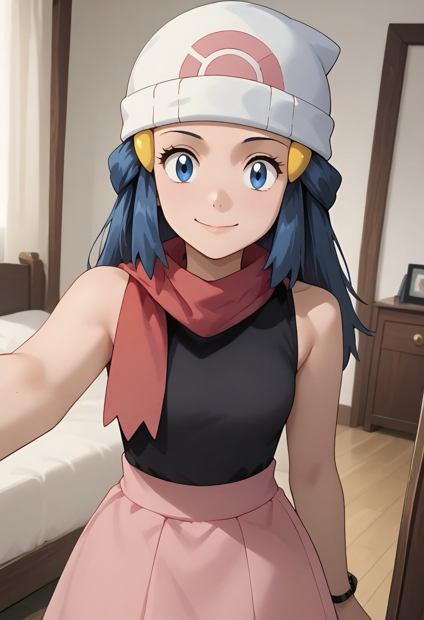 ai_generated beanie blue_eyes blue_hair dawn_(pokemon) mirror selfie