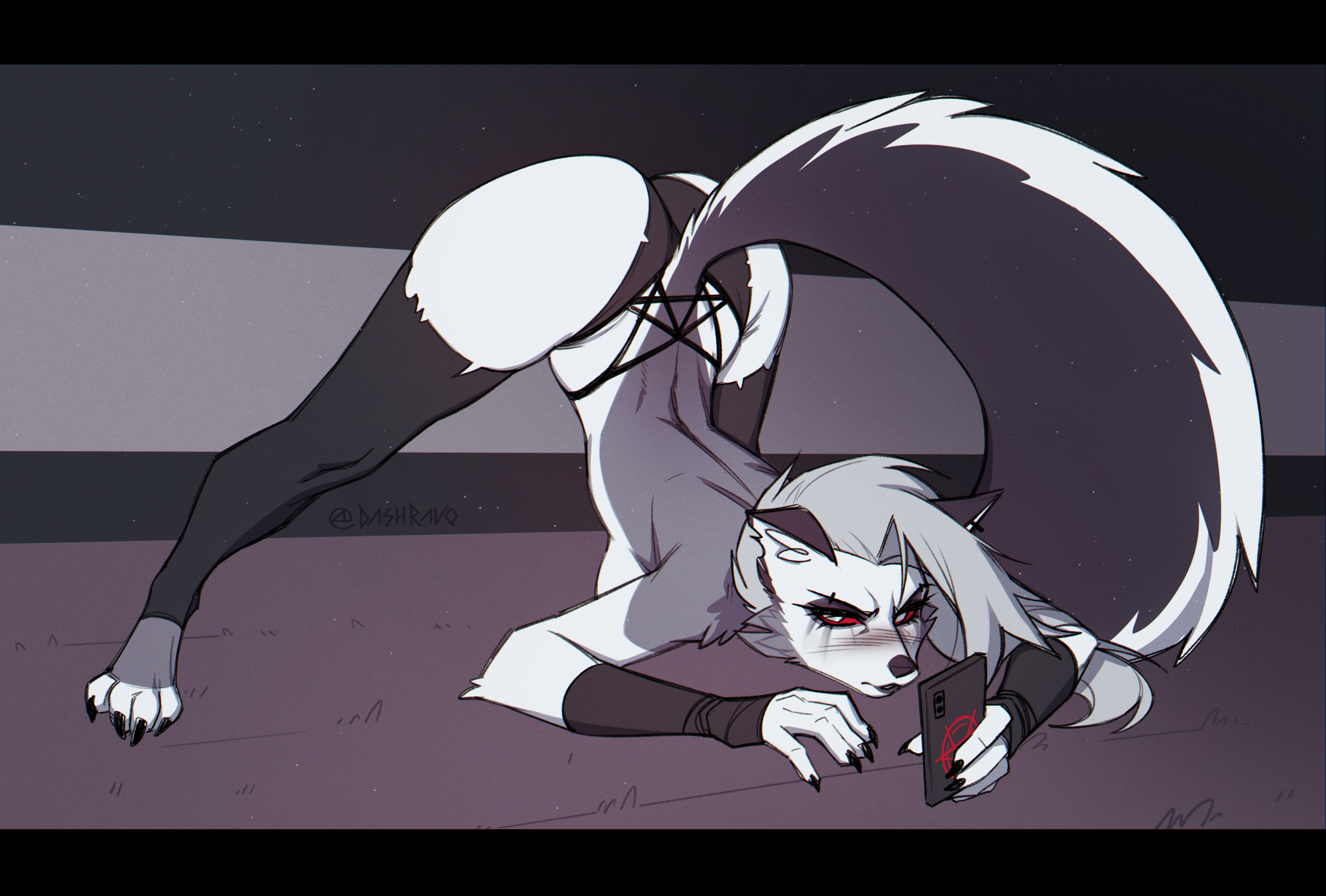 2021, 4 toes, 5 fingers, anthro, ass, ass up, black bars, canid, canid demon, canine, cellphone, claws, dash ravo, demon, ear piercing, electronics, eyebrow piercing, eyebrows, eyelashes, facial piercing, feet, female, fingers, hellhound, helluva boss, hi res, jack-o' pose, letterbox, loona (helluva boss), mammal, meme, mythological canine, mythological creature, mythology, phone, piercing, pose, red sclera, smartphone, solo, toe claws, toes