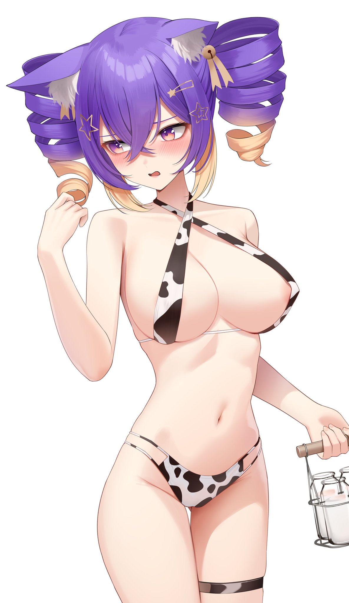 1girls animal_ears bare_shoulders belly_button big_breasts bikini blush blushing cat_ears cleavage cow_print cow_print_bikini exposed_shoulders exposed_torso hair_clips hair_ornaments hi_res highres hips indie_virtual_youtuber looking_away milk_bottle navel purple_eyes purple_hair solo solo_female solo_focus swimsuit thigh_gap thigh_strap tummy twin_drills two_tone_eyes two_tone_hair ubebe_chizu vaughnilla virtual_youtuber white_background yellow_eyes yellow_hair