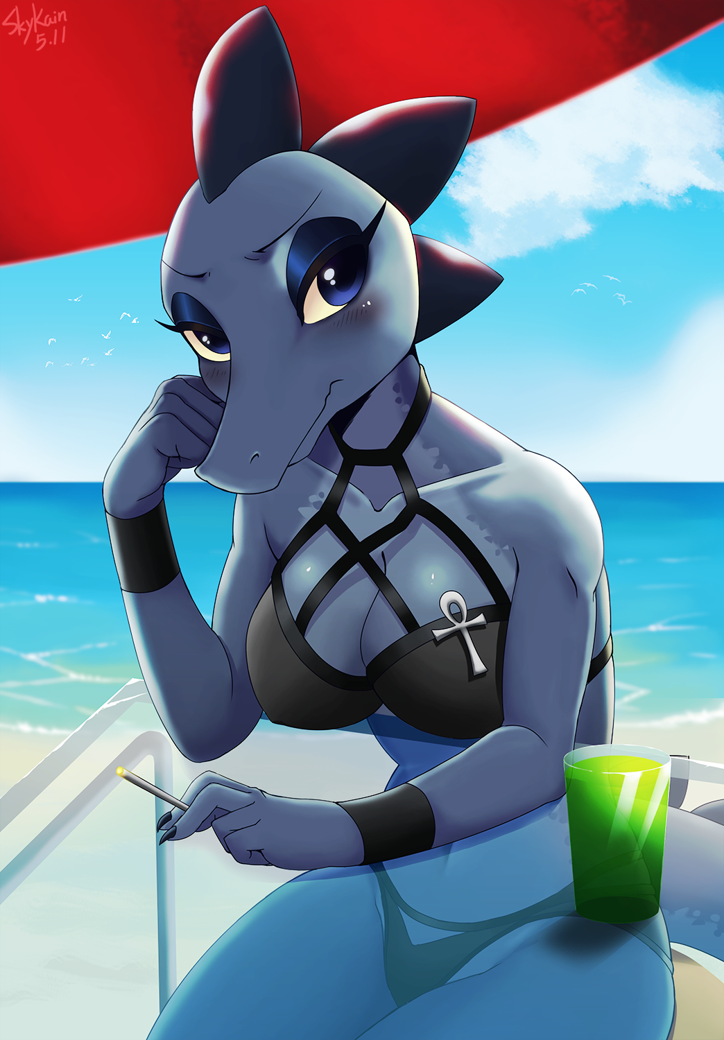 alligator, ankh, bea santello, bikini, blue eyes, cigarette, clothing, female, furry, looking at viewer, night in the woods, sitting, skykain, tagme