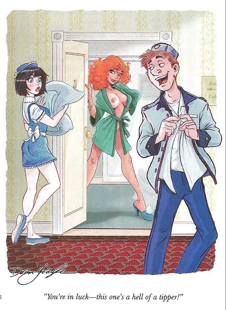 1boy 1boy2girls 2girls 2women black_hair breasts breasts_out comic_panel dean_yeagle door english_text lips maid maid_uniform naughty nipples nude_female orange_hair red_hair short_hair