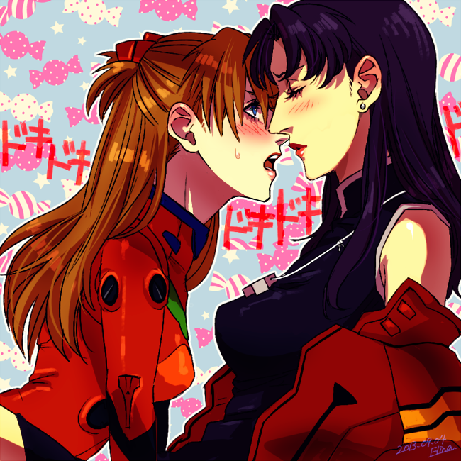 2girls age_difference age_gap asuka_langley_sohryu blush bodysuit breasts brown_hair closed_eyes earings elina_kuroe_no_daarin from_side inminent_kiss misato_katsuragi neon_genesis_evangelion older_female open_mouth safe younger_female yuri