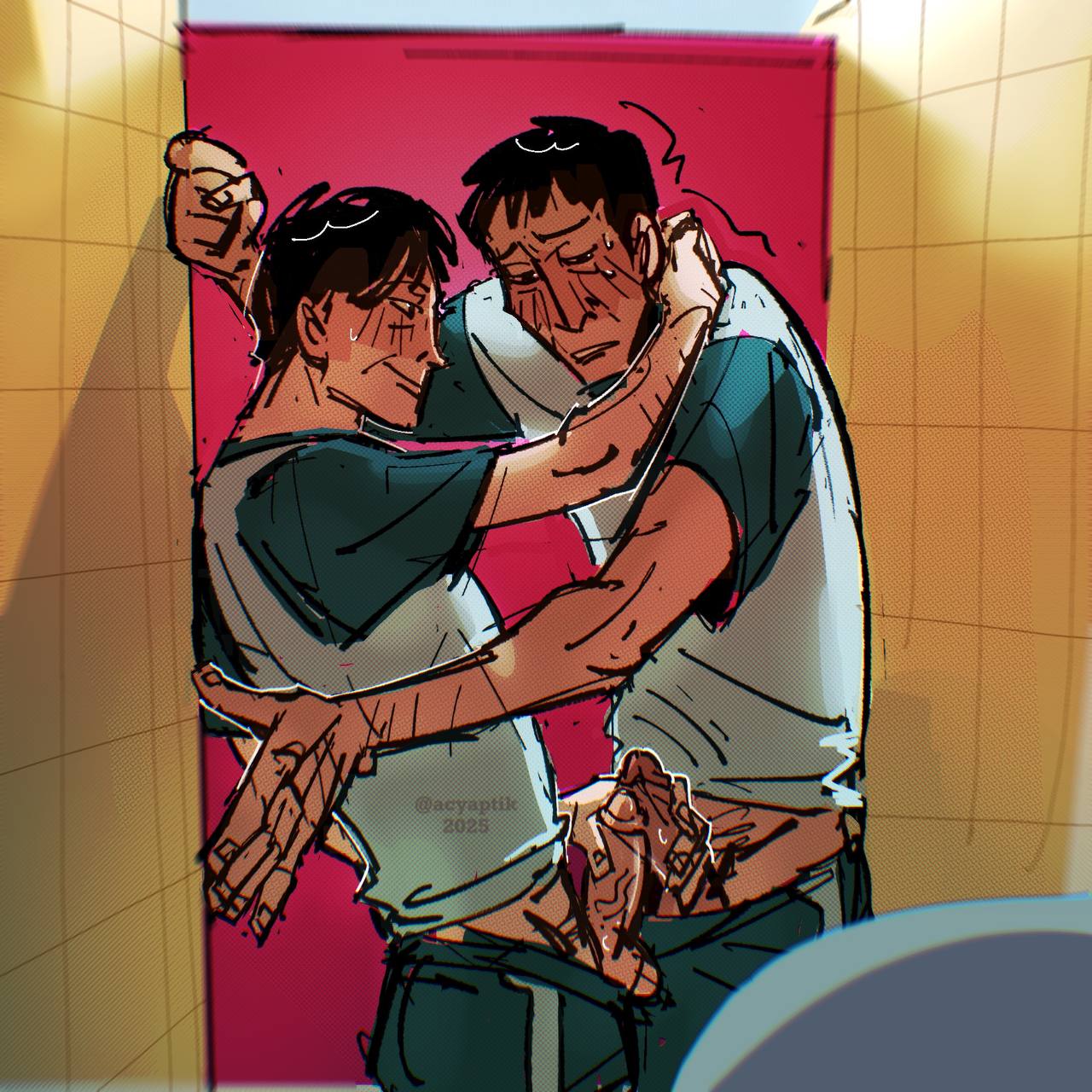 bathroom bathroom_sex bathroom_stall clothed_sex frottage frotting gay grinning handjob hwang_in-ho male/male seong_gi-hun squid_game