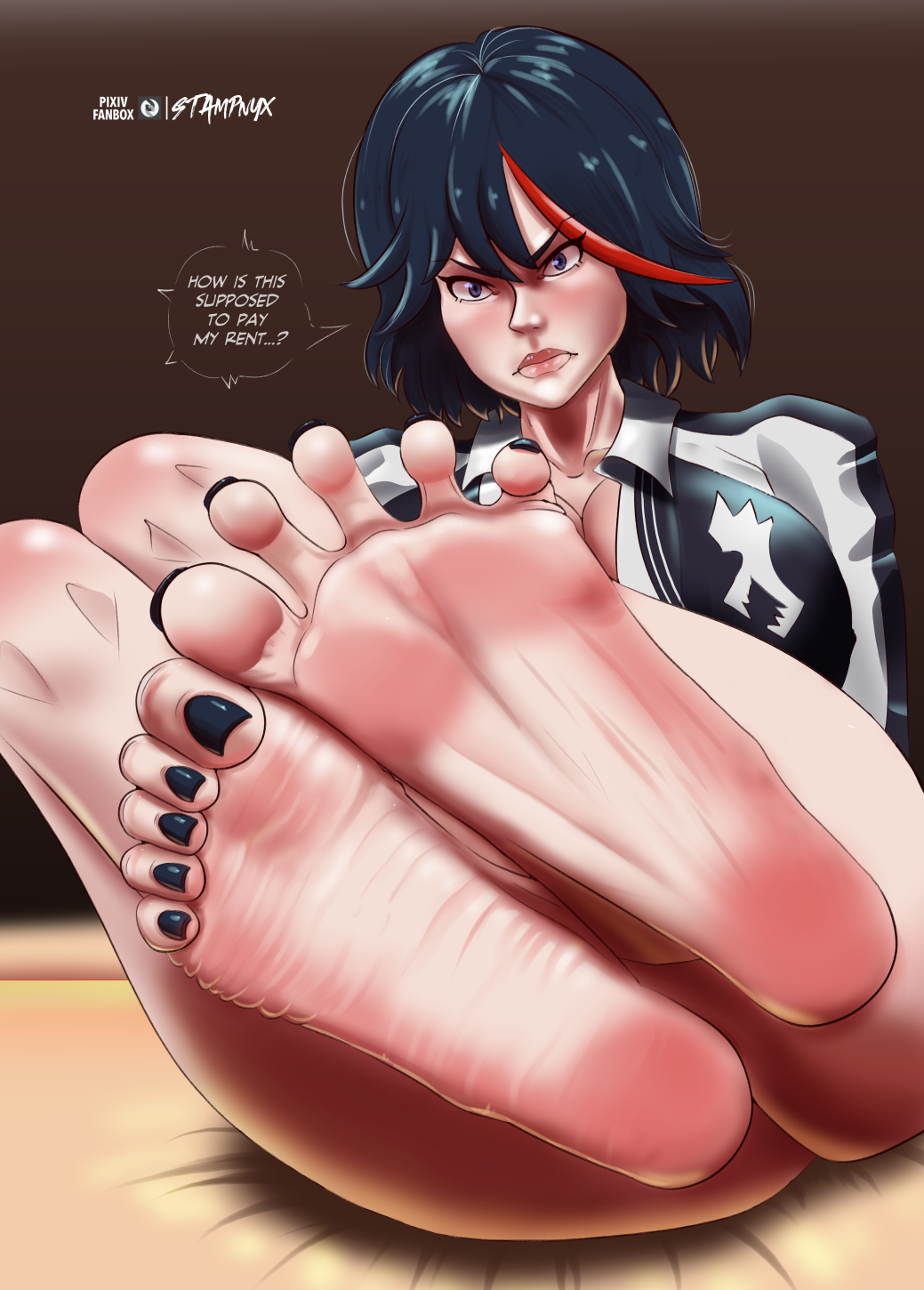 1female 1girls 2d angry_face barefoot clothed feet female female_focus female_only foot_fetish foot_focus full_color kill_la_kill long_toenails matoi_ryuuko soles spread_toes stampnyx tagme thick_thighs tights toe_scrunch toes wrinkly_soles