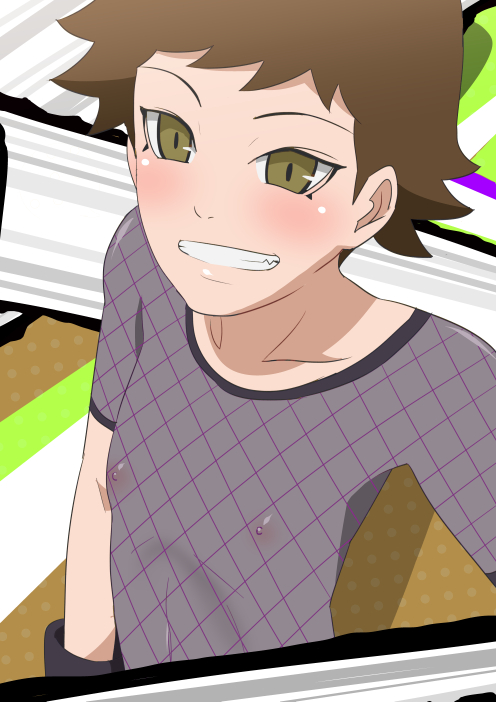 areolae, blush, boruto: naruto next generations, breasts, brown hair, clothed, clothing, female, female only, human, izuno wasabi, naruto, naruto (series), nipples, short hair, small breasts, smile, solo, solo focus