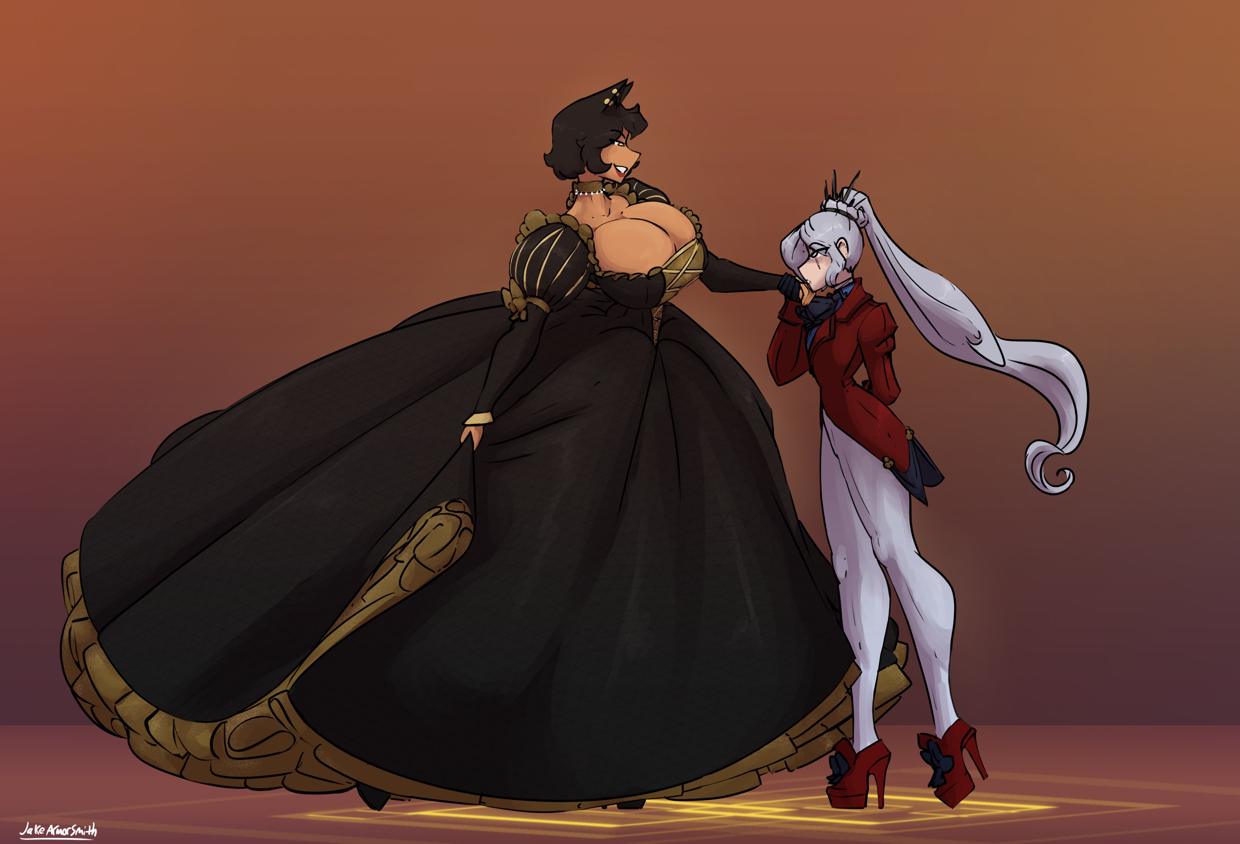 boots, breasts, cleavage, cleavage overflow, dark skin, dark-skinned female, female, high heel boots, high heels, huge breasts, hyper, hyper breasts, jakearmorsmith, kali belladonna, light skin, light-skinned female, rwby, tagme, weiss schnee