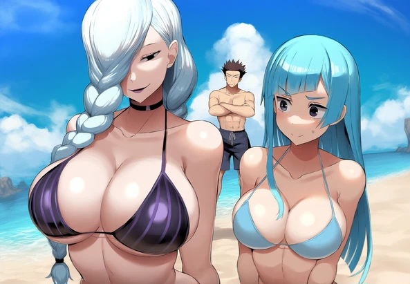 1boy 2girls ai_generated atsuya_kusakabe beach big_breasts bikini bikini_top jujutsu_kaisen kasumi_miwa medium_breasts mei_mei_(jujutsu_kaisen) multiple_girls muscular_male smile